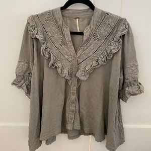 Free People Gray Ruffle Lace Blouse XS